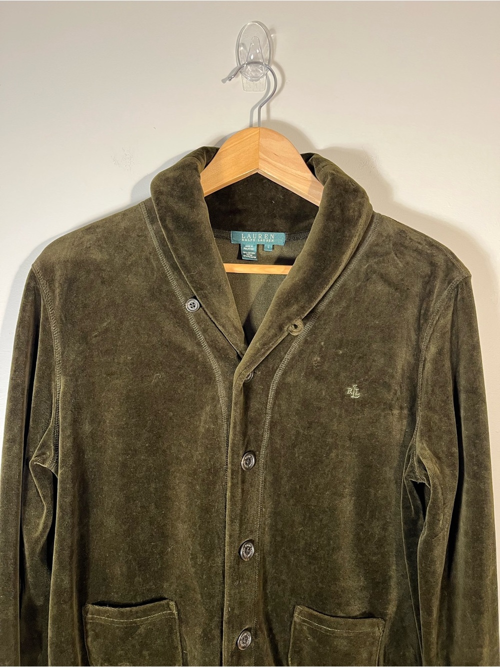 Lauren Ralph Lauren Vintage Olive Green Velvet Velour Shawl Collar Jacket Large - Picture 3 of 13
